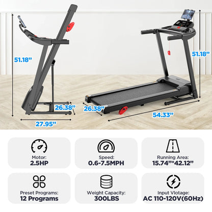 3.7HP Folding Treadmill for Home W/ APP Control, 300Lbs Capacity, Adjustable Incline, 64+7 Programs, Bluetooth Speakers, Electric Treadmill Running Machine, Knee Strap Gift
