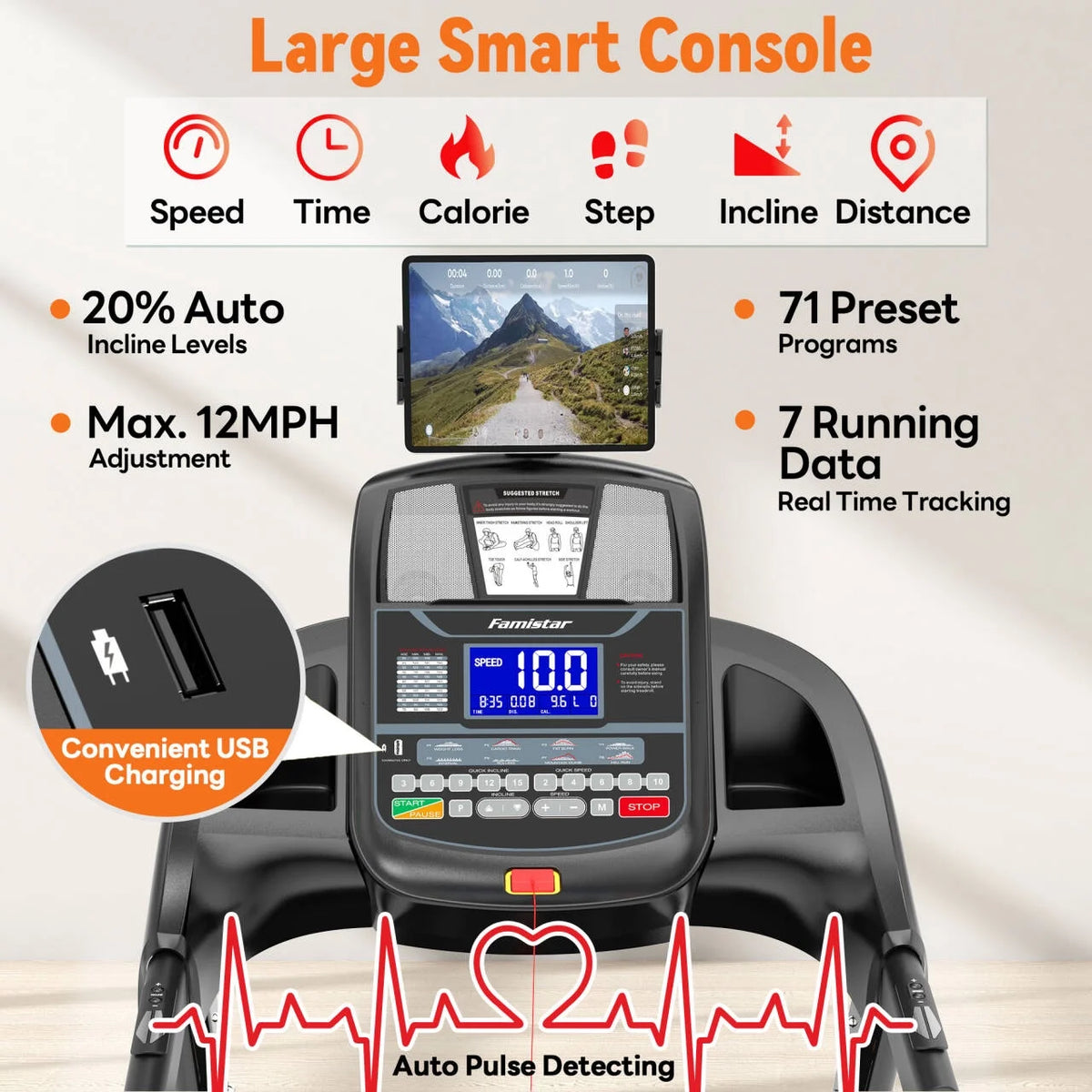 5.1HP Folding Treadmill for Home with 20% Auto Incline, 300-400 LB Capacity, Portable Foldable Treadmill, FREE APP Control, Adjustable Tablet Holder,12Mph Speed,71 Programs,Knee Straps Gift