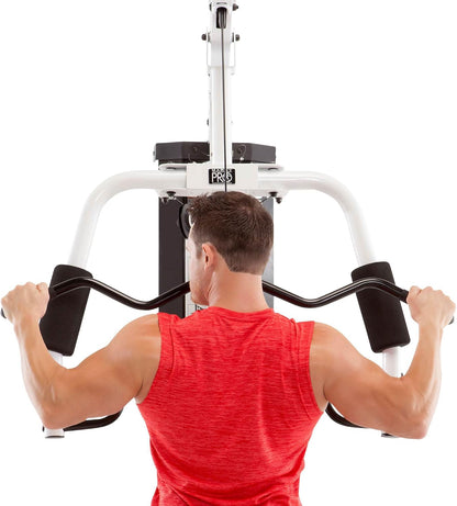 Home Gym Workout Station with Curl Pad, Lat Pulldown, Leg Developer & Weights, White