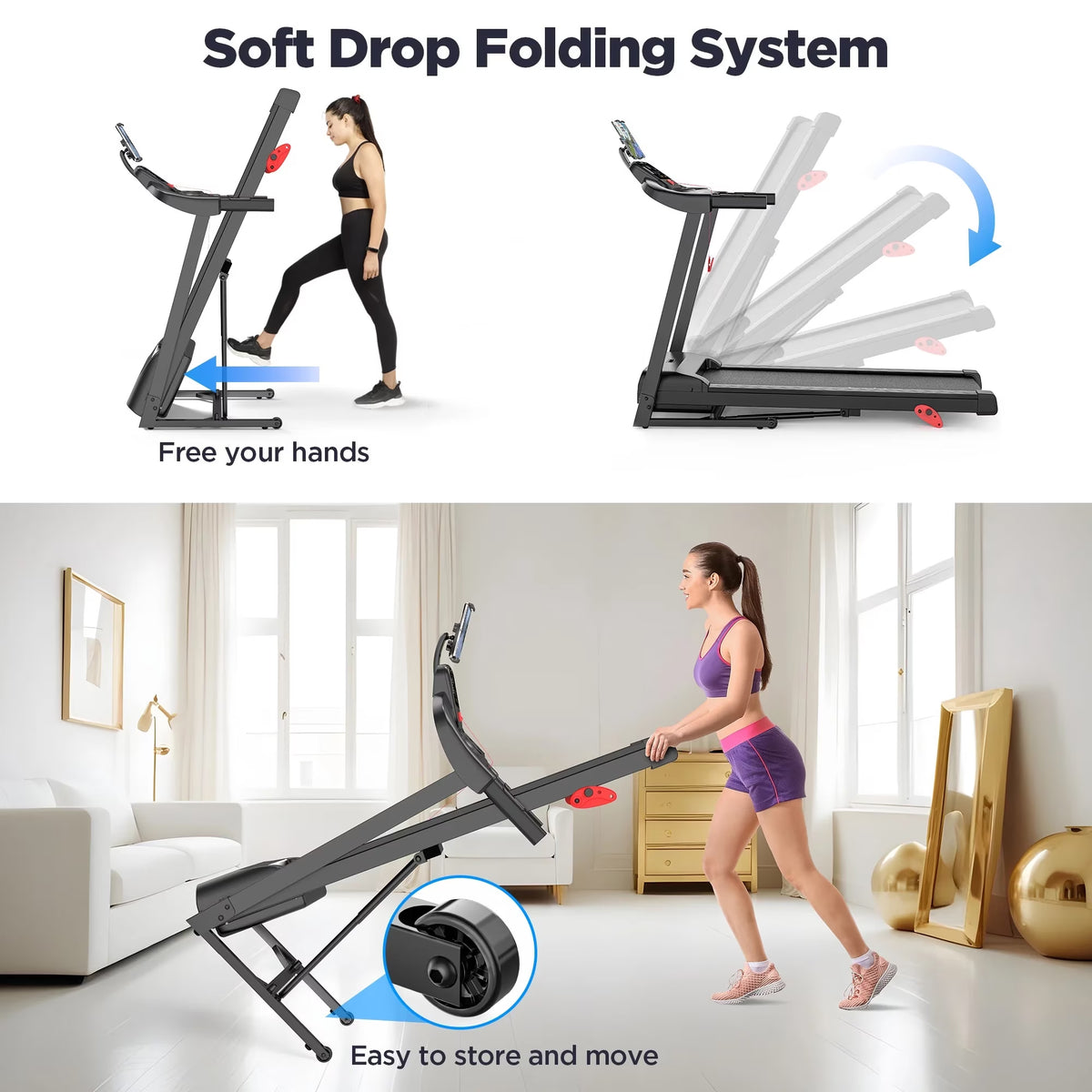 3.7HP Folding Treadmill for Home W/ APP Control, 300Lbs Capacity, Adjustable Incline, 64+7 Programs, Bluetooth Speakers, Electric Treadmill Running Machine, Knee Strap Gift