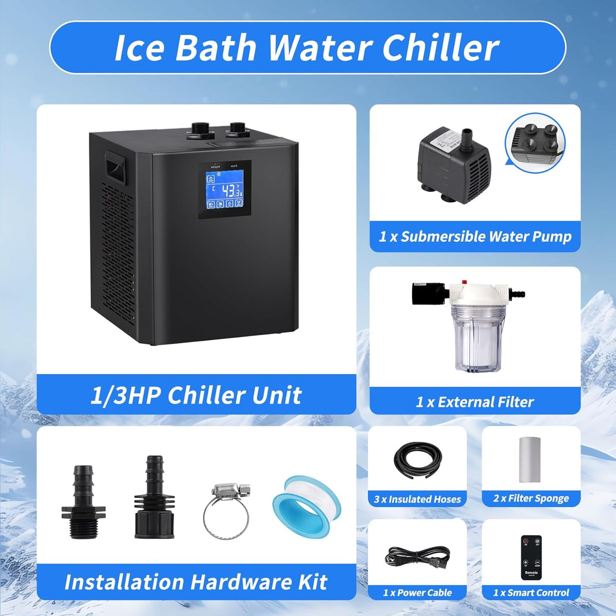 Ice Bath Water Chiller, 1/3HP Cold Plunge Chiller with External Filter, Filter Pad, and Pump, Remote Control Water Chiller, for Home and Professional Use