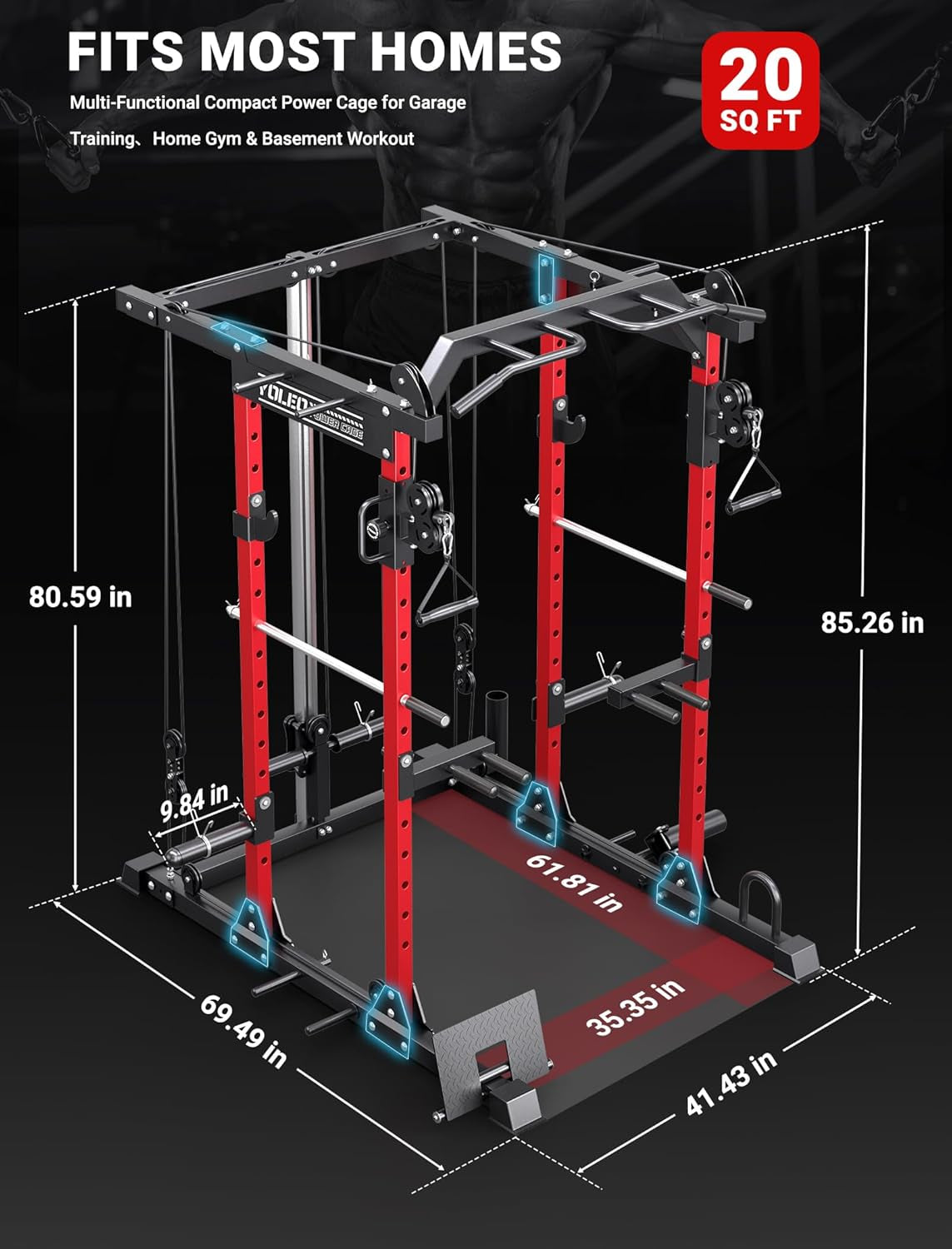 Smooth Pulley System Power Cage, Adjustable Cable Crossover Power Rack, Multi-Functional Cable Machine for Home Gym