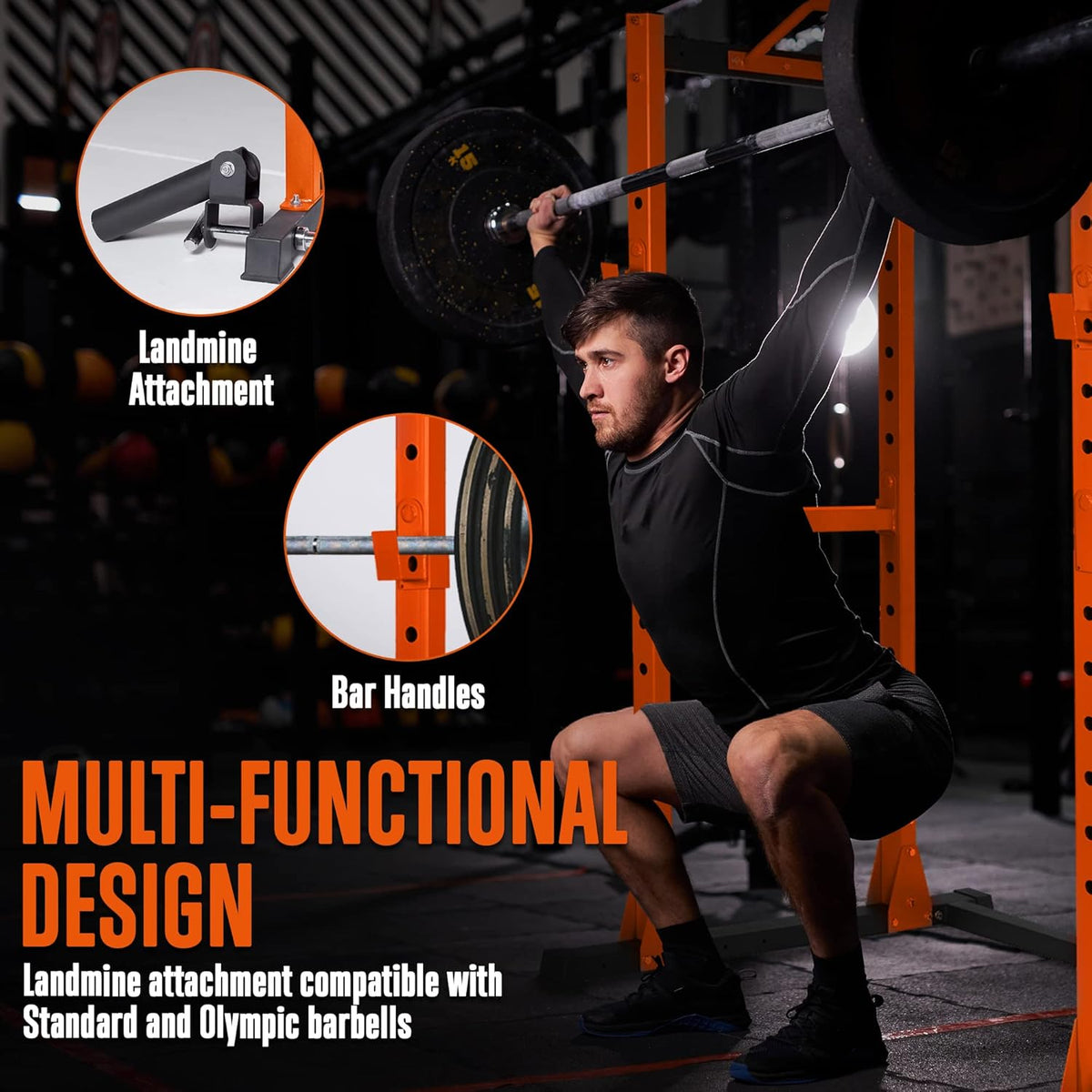 Adjustable Squat Rack Stand - Premium Barbell Rack with Safe Locking System, Landmine Attachment, Home Gym Weight Rack with Standard and Olympic Barbells, 1000 Lbs Capacity, ‎54 X 51 X 83 IN