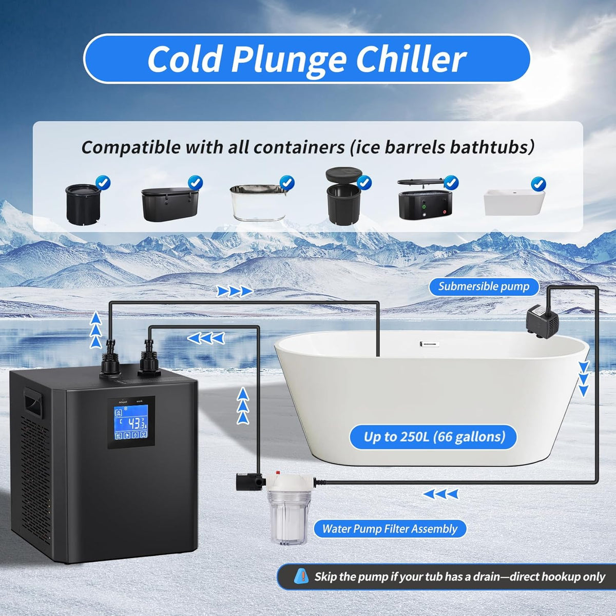 Ice Bath Water Chiller, 1/3HP Cold Plunge Chiller with External Filter, Filter Pad, and Pump, Remote Control Water Chiller, for Home and Professional Use