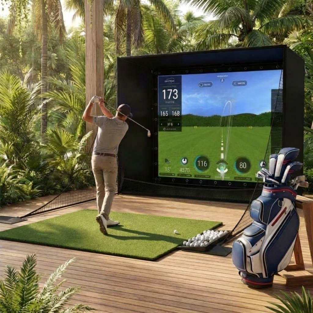 11 X 8 Ft Golf Simulator Enclosure Package, 4K-Compatible Impact Screen with Blackout Cage, Frame Poles, Side Nets, Bottom Fence Mesh and Sandbags, for Indoor or Garage Practice
