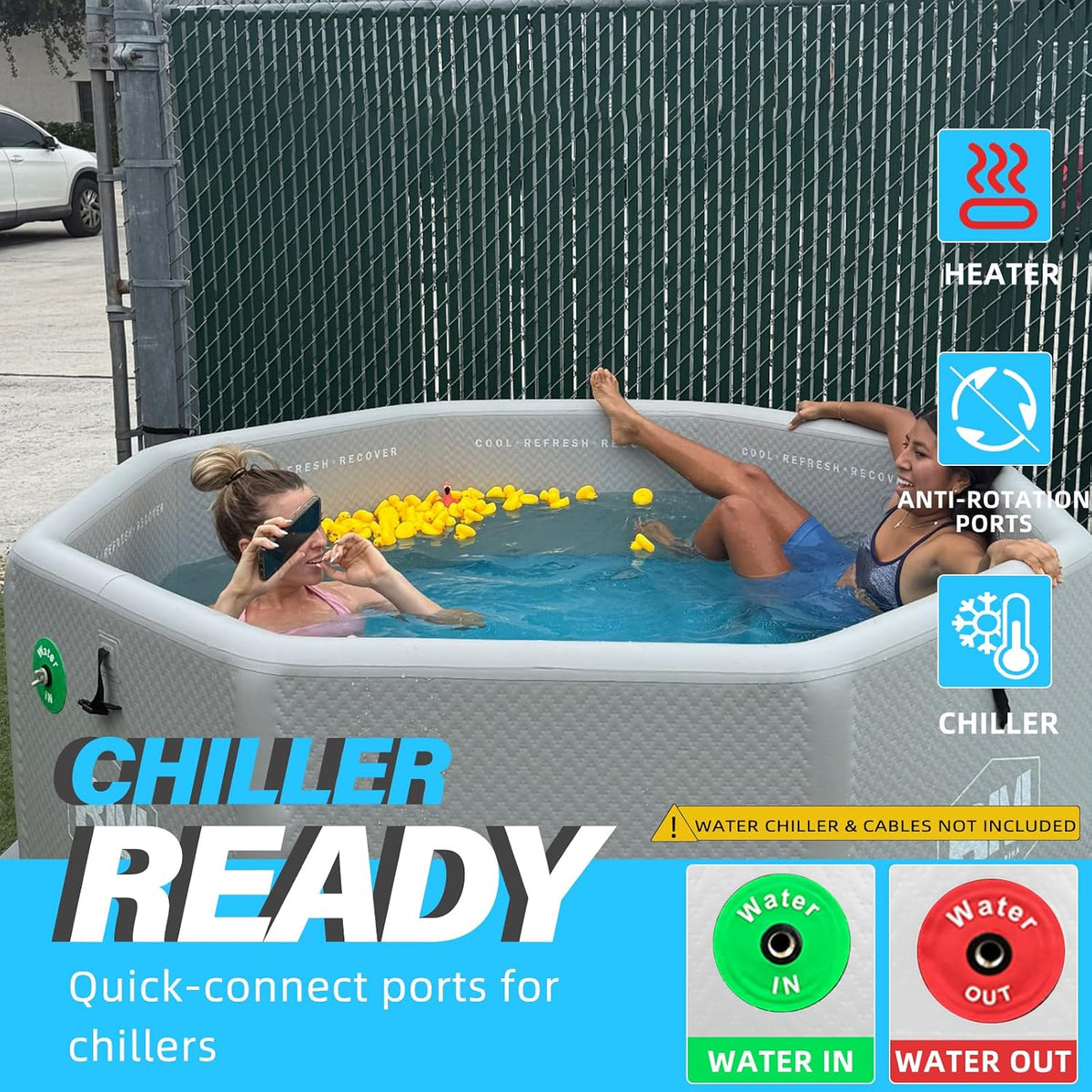 Inflatable Octagonal Ice Bath Tub for Groups, Party Cold Plunge Tub with Insulated Lid, Water Chiller Compatibility, EVA Groundsheet, Backpack, 660 Gallon, 78.74" L X 78.74" W X 27.56" H