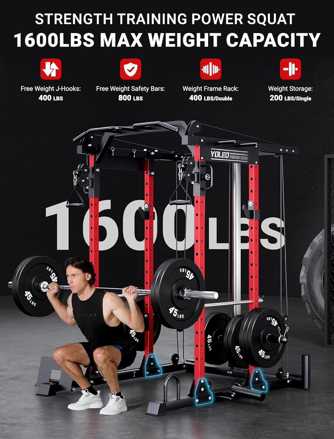 Smooth Pulley System Power Cage, Adjustable Cable Crossover Power Rack, Multi-Functional Cable Machine for Home Gym