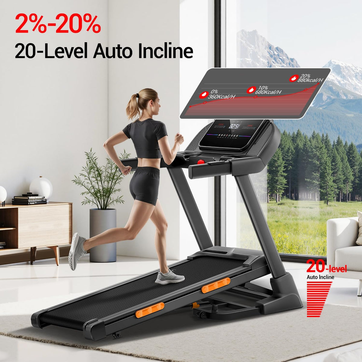 Fitness Treadmill with 0%/20% Auto/Manual Incline, Treadmills for Home Folding with Pulse Sensors, 300/350/400LBS Capacity, Max 4.0HP Quiet Brushless & 8/8.7/9.5MPH