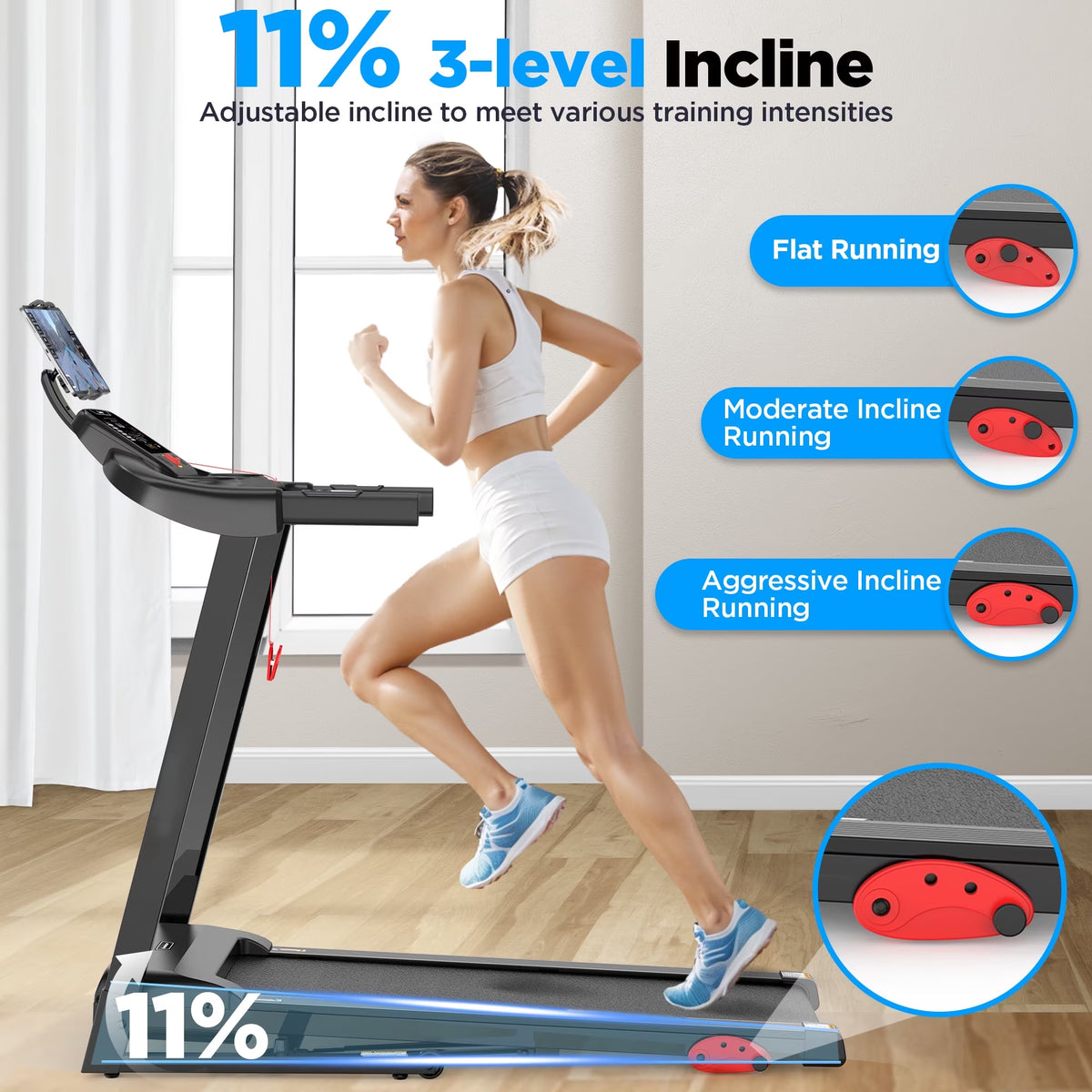 3.7HP Folding Treadmill for Home W/ APP Control, 300Lbs Capacity, Adjustable Incline, 64+7 Programs, Bluetooth Speakers, Electric Treadmill Running Machine, Knee Strap Gift