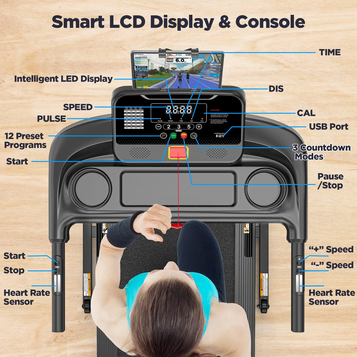 3.7HP Folding Treadmill for Home W/ APP Control, 300Lbs Capacity, Adjustable Incline, 64+7 Programs, Bluetooth Speakers, Electric Treadmill Running Machine, Knee Strap Gift
