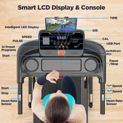 3.7HP Folding Treadmill for Home W/ APP Control, 300Lbs Capacity, Adjustable Incline, 64+7 Programs, Bluetooth Speakers, Electric Treadmill Running Machine, Knee Strap Gift