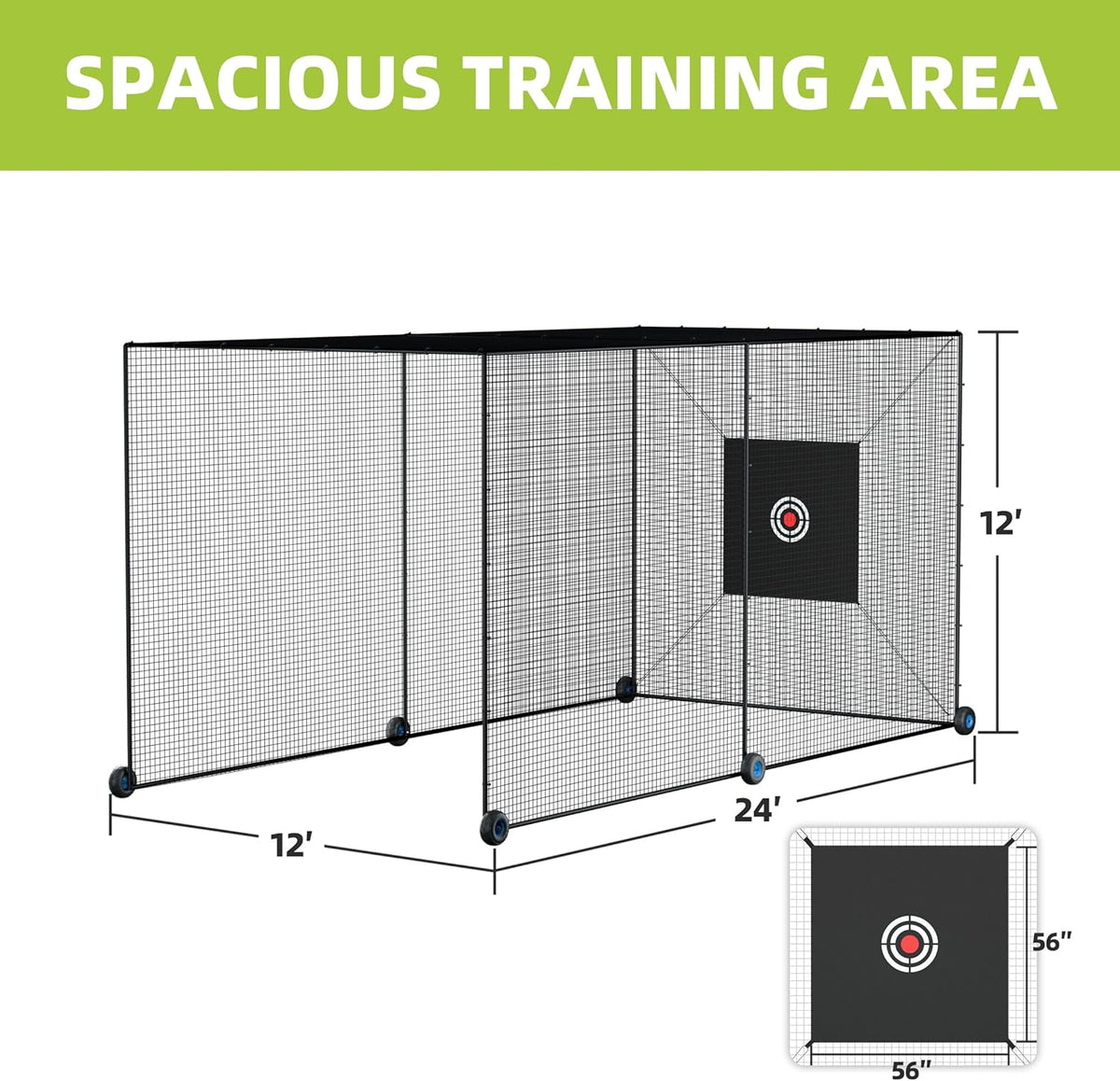 Mobile Baseball Batting Cage 24Ft, Portable Heavy-Duty Baseball Hitting Cage W/Wheels, Wheel-Based Softball Batting Cage, Fully Enclosed Batting Cage Tunnel Complete Kit W/Frame and Netting