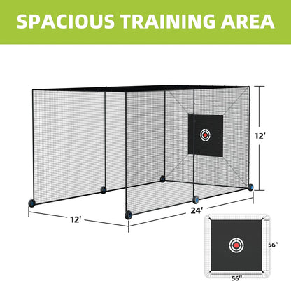 Mobile Baseball Batting Cage 24Ft, Portable Heavy-Duty Baseball Hitting Cage W/Wheels, Wheel-Based Softball Batting Cage, Fully Enclosed Batting Cage Tunnel Complete Kit W/Frame and Netting