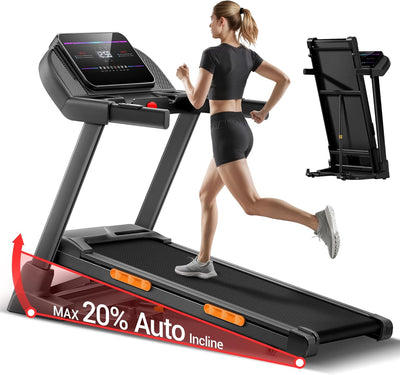 Fitness Treadmill with 0%/20% Auto/Manual Incline, Treadmills for Home Folding with Pulse Sensors, 300/350/400LBS Capacity, Max 4.0HP Quiet Brushless & 8/8.7/9.5MPH
