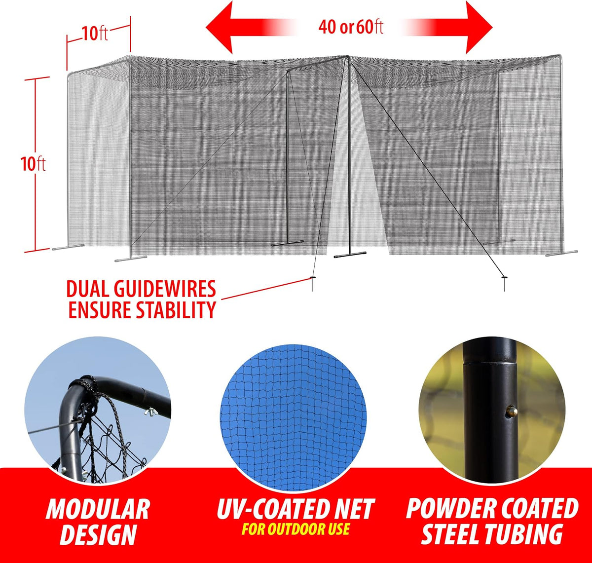 Full 40 and 60 Foot Batting Cage. Perfect Baseball Batting Cage, Softball Batting Cage, Complete Package with Frame and Netting