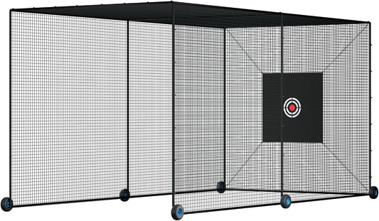 Mobile Baseball Batting Cage 24Ft, Portable Heavy-Duty Baseball Hitting Cage W/Wheels, Wheel-Based Softball Batting Cage, Fully Enclosed Batting Cage Tunnel Complete Kit W/Frame and Netting