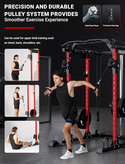 Smooth Pulley System Power Cage, Adjustable Cable Crossover Power Rack, Multi-Functional Cable Machine for Home Gym