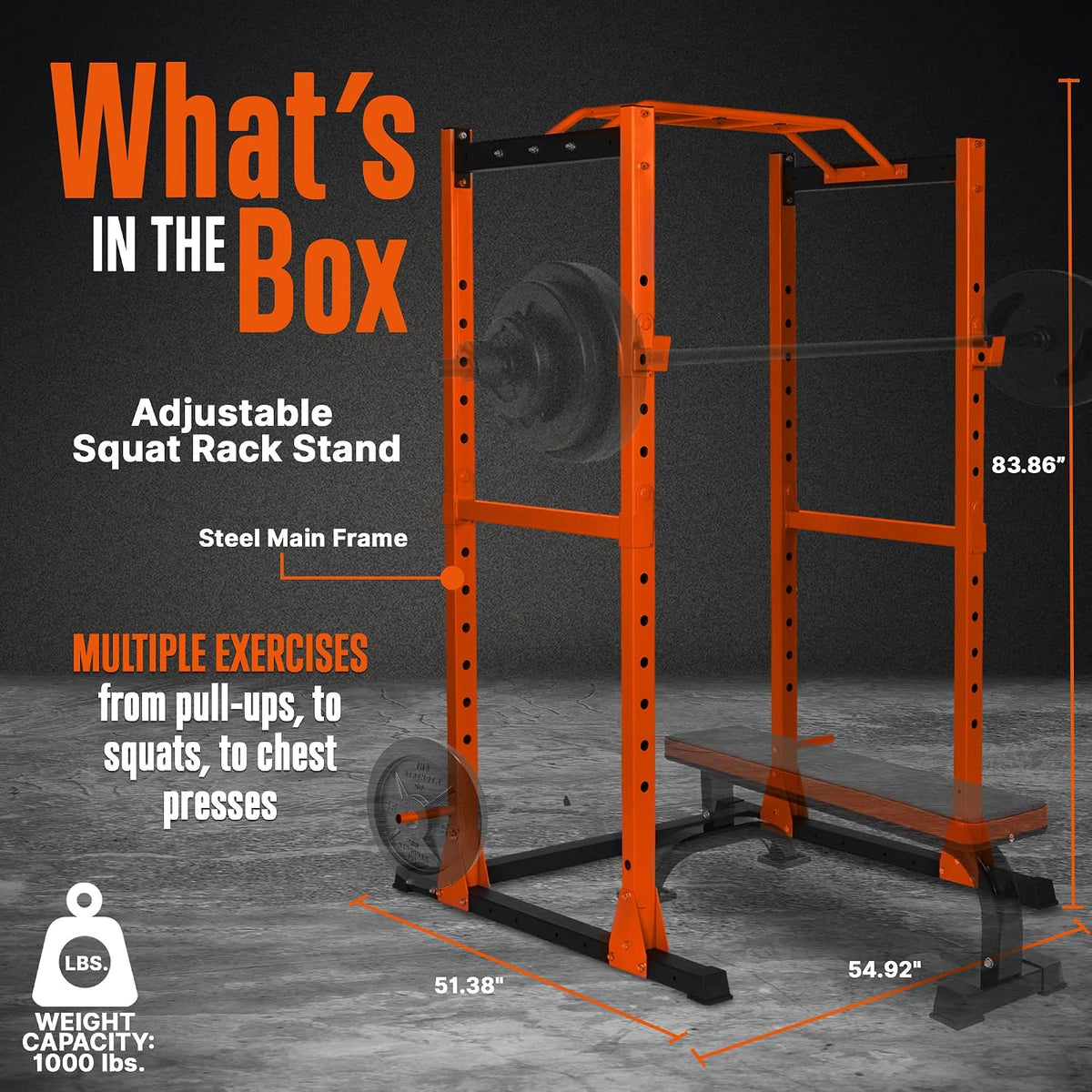 Adjustable Squat Rack Stand - Premium Barbell Rack with Safe Locking System, Landmine Attachment, Home Gym Weight Rack with Standard and Olympic Barbells, 1000 Lbs Capacity, ‎54 X 51 X 83 IN
