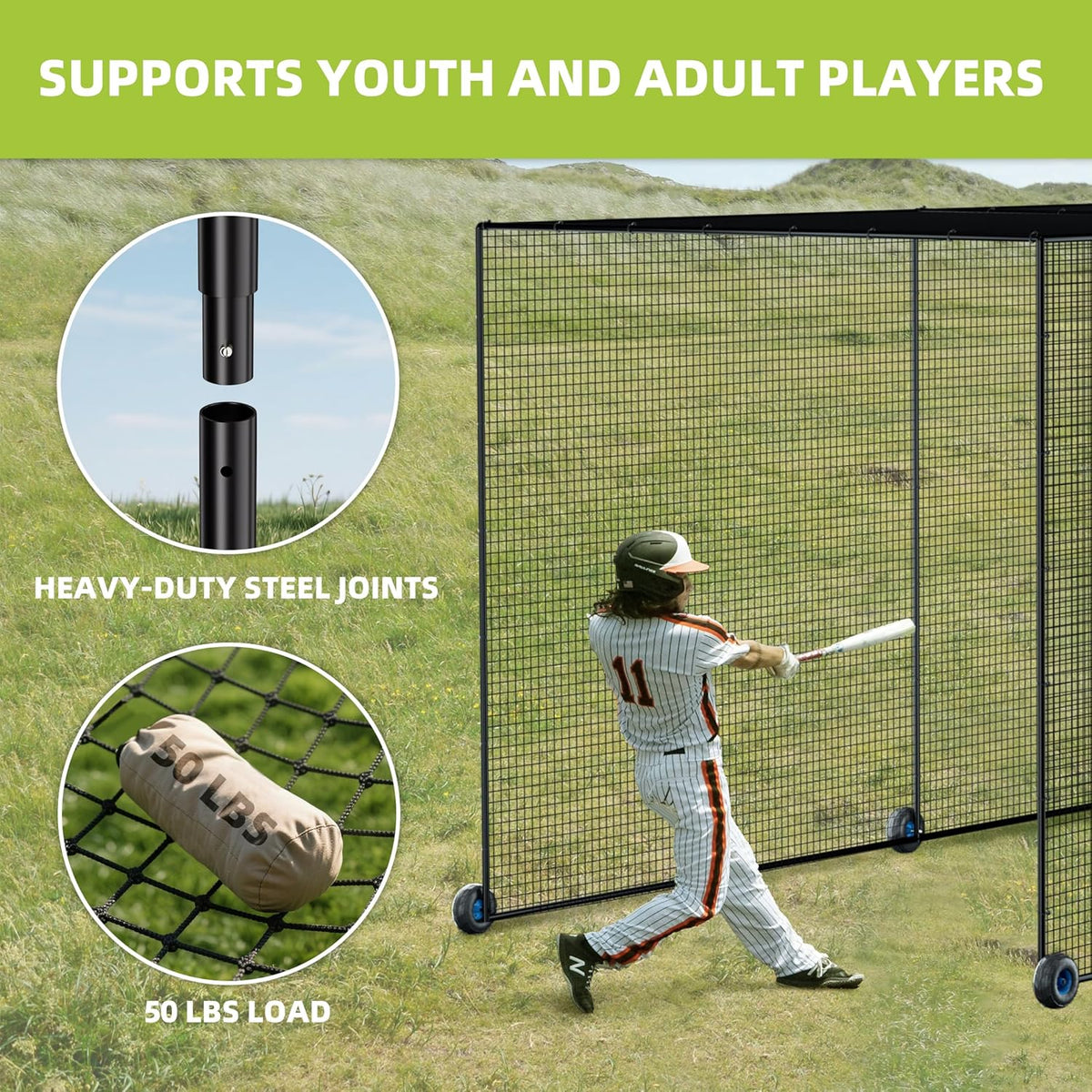 Mobile Baseball Batting Cage 24Ft, Portable Heavy-Duty Baseball Hitting Cage W/Wheels, Wheel-Based Softball Batting Cage, Fully Enclosed Batting Cage Tunnel Complete Kit W/Frame and Netting