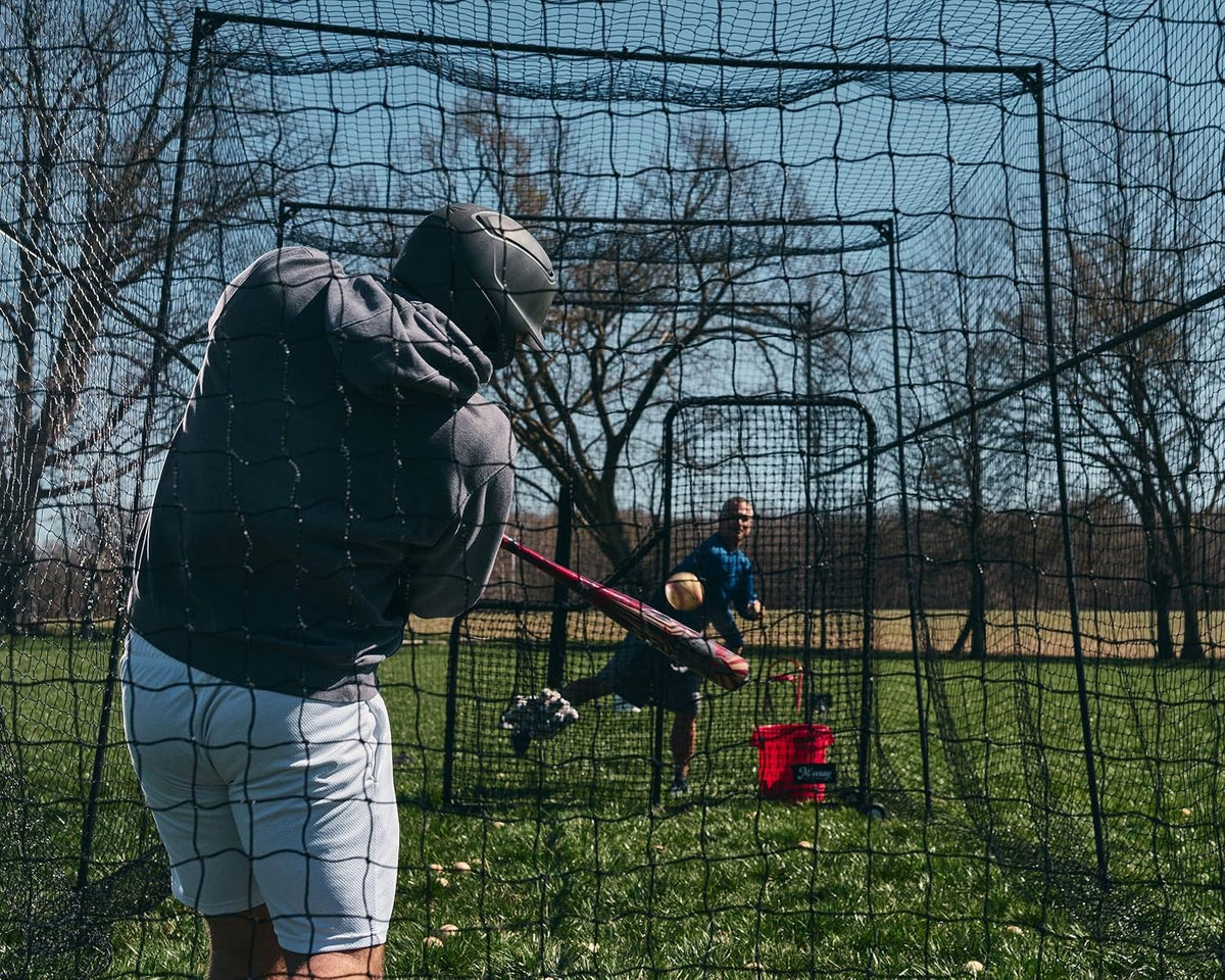 Baseball/Softball Batting Cage 40 Ft - Black Steel Metal Frame with 60-Ply Net | Net Includes 7 Ft Entrance Door and 4 Ft Pitching Machine Hole