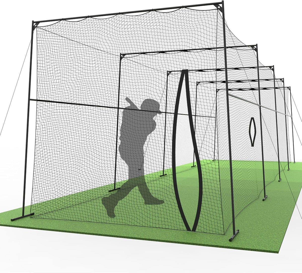 Baseball/Softball Batting Cage 40 Ft - Black Steel Metal Frame with 60-Ply Net | Net Includes 7 Ft Entrance Door and 4 Ft Pitching Machine Hole