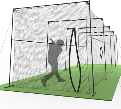 Baseball/Softball Batting Cage 40 Ft - Black Steel Metal Frame with 60-Ply Net | Net Includes 7 Ft Entrance Door and 4 Ft Pitching Machine Hole