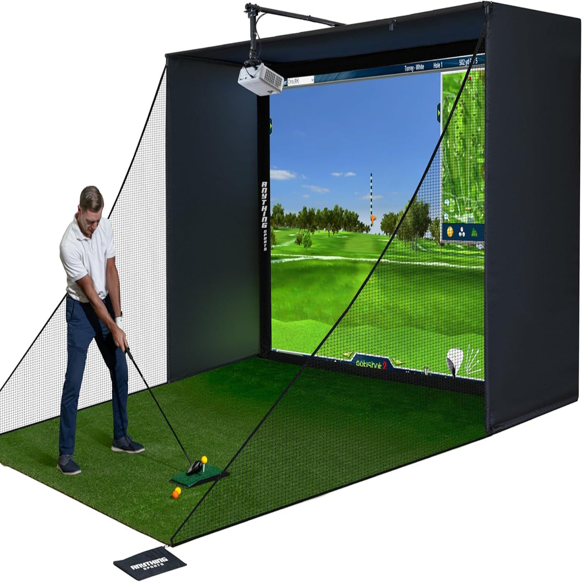 Complete Golf Simulator Enclosure Package – 4K-Ready Impact Screen with Blackout Cage, Projector Mount, Frame Poles, Side Shank Nets | Indoor & Garage Practice | Easy Setup | 12-Month Warranty