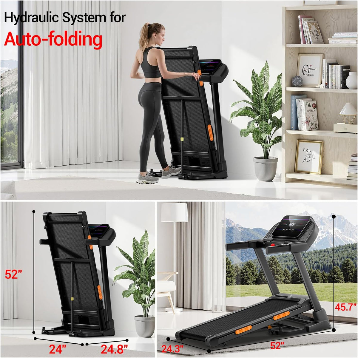 Fitness Treadmill with 0%/20% Auto/Manual Incline, Treadmills for Home Folding with Pulse Sensors, 300/350/400LBS Capacity, Max 4.0HP Quiet Brushless & 8/8.7/9.5MPH