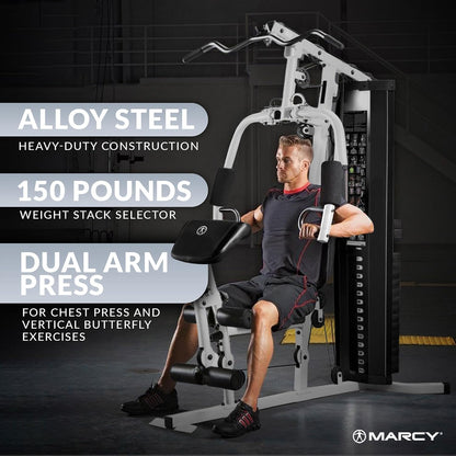 Home Gym Workout Station with Curl Pad, Lat Pulldown, Leg Developer & Weights, White