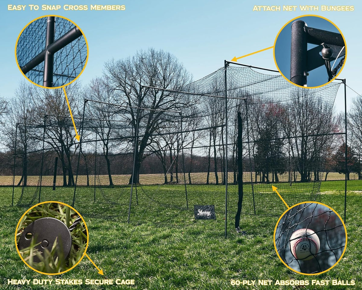 Baseball/Softball Batting Cage 40 Ft - Black Steel Metal Frame with 60-Ply Net | Net Includes 7 Ft Entrance Door and 4 Ft Pitching Machine Hole