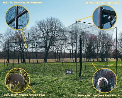 Baseball/Softball Batting Cage 40 Ft - Black Steel Metal Frame with 60-Ply Net | Net Includes 7 Ft Entrance Door and 4 Ft Pitching Machine Hole