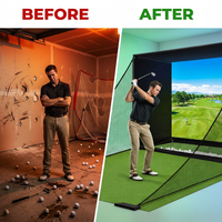 Golf Simulator Enclosure Net 10X8Ft Golf Practice Simulator with HD Impact Screen Kit & Sturdy EPE Foam-Filled Frame Golfs Cage Net with Safety Side Nets for Home Indoor Setup — Before & After