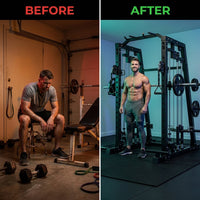 Smith Machine Home Gym, 2200LB Power Cage with Dual Pulley Cable Systems, LAT Pull-Down, Leg Hold-Down & 20+ Attachments for Full Body Workouts — Before & After