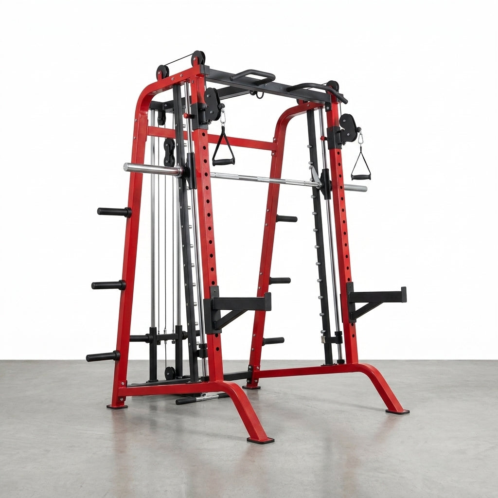 Smith Machine Home Gym, Multi-Function Power Cage with Dual Pulley Cable Crossover System, All-In-One Squat Rack with Smith Bar and Strength Training Attachments for Full-Body Workouts — Studio Shot