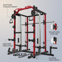 Smith Machine Home Gym, Multi-Function Power Cage with Dual Pulley Cable Crossover System, All-In-One Squat Rack with Smith Bar and Strength Training Attachments for Full-Body Workouts — infographic
