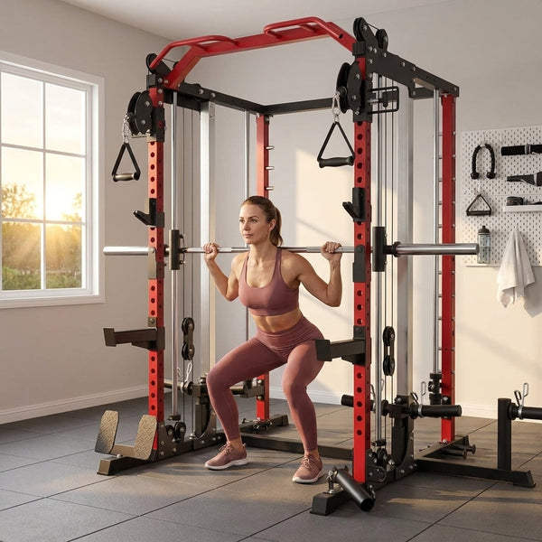 Smith Machine Home Gym Built for Full-Body Training, Dual Pulley Cable System, Power Cage Frame, 18.3 sq ft