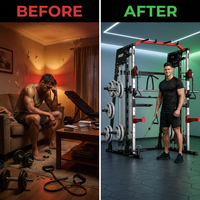 Smith Machine Home Gym All-In-1, 2200LBS Power Cage with Dual Cable Pulley Systems, LAT Pull-Down & Leg Hold-Down | Complete Strength Training Equipment for Full Body Workouts — Before & After