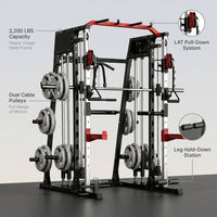 Smith Machine Home Gym Built for Complete Strength Training, 2200LBS Capacity, Dual Cable Pulley Systems, LAT Pull-Down — infographic