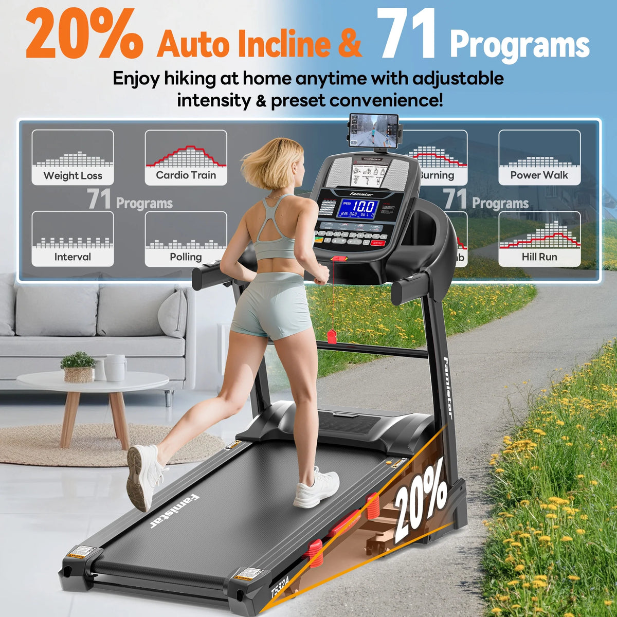 5.1HP Folding Treadmill for Home with 20% Auto Incline, 300-400 LB Capacity, Portable Foldable Treadmill, FREE APP Control, Adjustable Tablet Holder,12Mph Speed,71 Programs,Knee Straps Gift