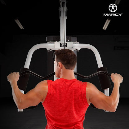 Home Gym Workout Station with Curl Pad, Lat Pulldown, Leg Developer & Weights, White