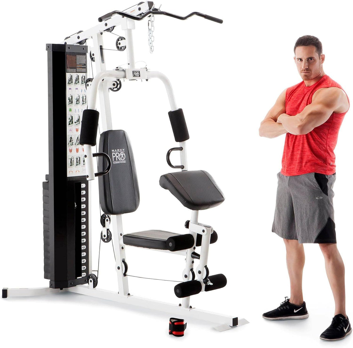 Home Gym Workout Station with Curl Pad, Lat Pulldown, Leg Developer & Weights, White