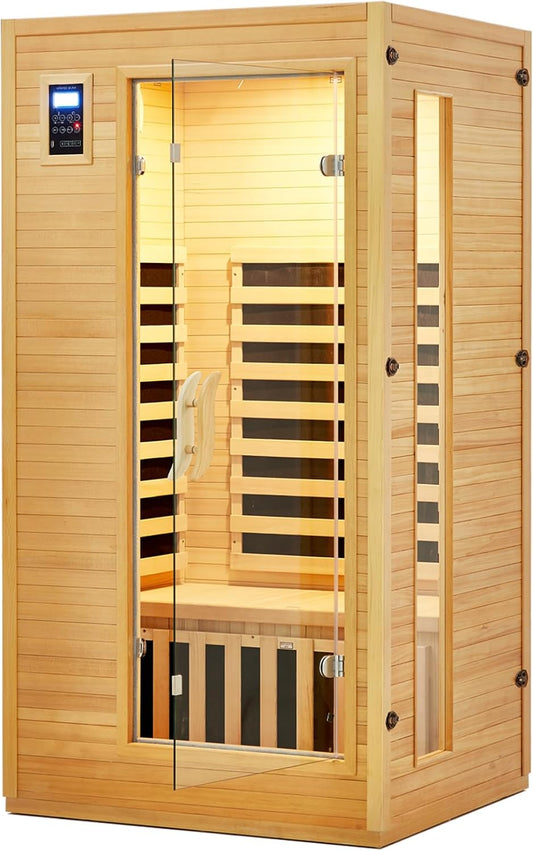 2024 Upgrade 1 to 2 Person Infrared Sauna, Low EMF Infrared Sauna for Home, Indoor Sauna Room, Hemlock Wooden Far Infrared Sauna, Dry Sauna with Bluetooth Speakers, LED Reading and Chromotherapy Lamp