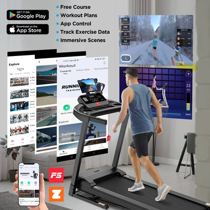 3.7HP Folding Treadmill for Home W/ APP Control, 300Lbs Capacity, Adjustable Incline, 64+7 Programs, Bluetooth Speakers, Electric Treadmill Running Machine, Knee Strap Gift