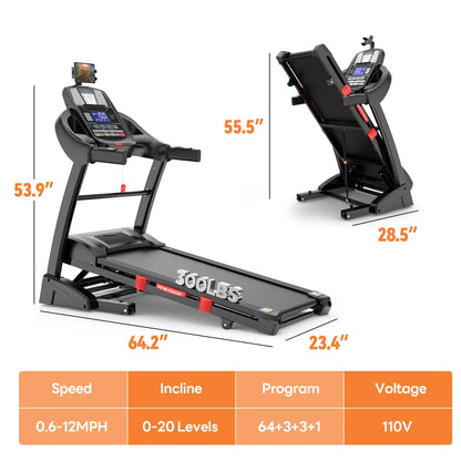 5.1HP Folding Treadmill for Home with 20% Auto Incline, 300-400 LB Capacity, Portable Foldable Treadmill, FREE APP Control, Adjustable Tablet Holder,12Mph Speed,71 Programs,Knee Straps Gift