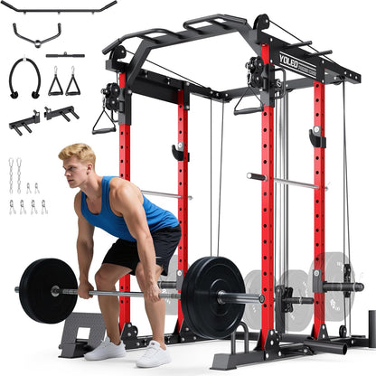 Smooth Pulley System Power Cage, Adjustable Cable Crossover Power Rack, Multi-Functional Cable Machine for Home Gym