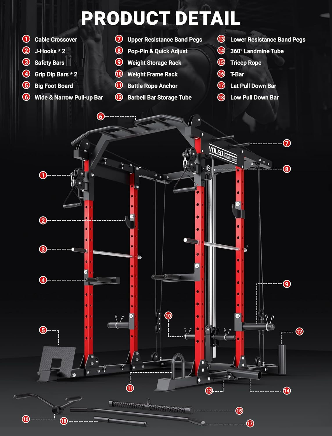 Smooth Pulley System Power Cage, Adjustable Cable Crossover Power Rack, Multi-Functional Cable Machine for Home Gym