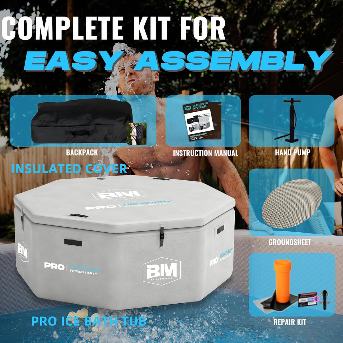 Inflatable Octagonal Ice Bath Tub for Groups, Party Cold Plunge Tub with Insulated Lid, Water Chiller Compatibility, EVA Groundsheet, Backpack, 660 Gallon, 78.74" L X 78.74" W X 27.56" H