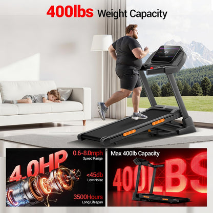 Fitness Treadmill with 0%/20% Auto/Manual Incline, Treadmills for Home Folding with Pulse Sensors, 300/350/400LBS Capacity, Max 4.0HP Quiet Brushless & 8/8.7/9.5MPH