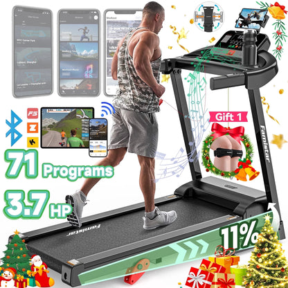 3.7HP Folding Treadmill for Home W/ APP Control, 300Lbs Capacity, Adjustable Incline, 64+7 Programs, Bluetooth Speakers, Electric Treadmill Running Machine, Knee Strap Gift