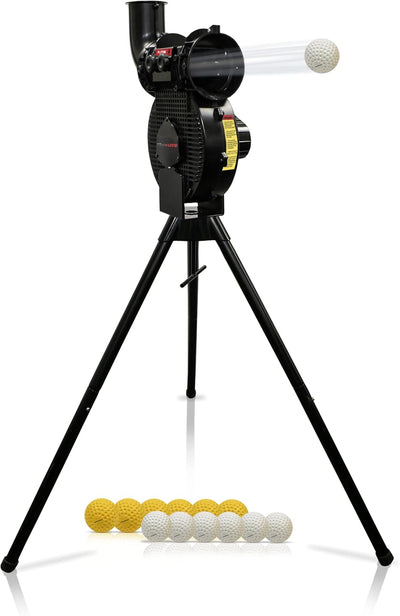 Launch F-Lite Softball & Baseball Pitching Machine, Dimpled Practice Balls, Bucket of Baseballs, Coaching Bucket Bundle for Pitching Machine, Baseball Training Equipment